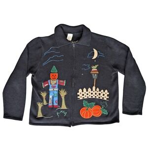 Vintage Large Black Fall Halloween Theme Knit Grandma Sweater Zip Up Cardigan
